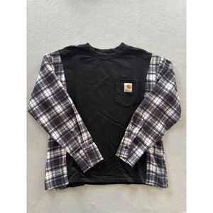 Carhartt Mixed Media Top Womens Medium Black Plaid Long Sleeve Pocket Tee